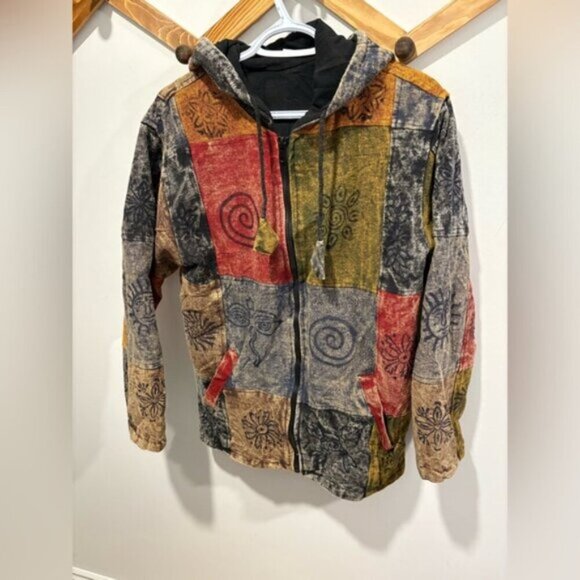 Hippie Boho Vintage Retro Cotton Symbols Fleece Lined Jacket Festival Nepalese - Picture 11 of 11